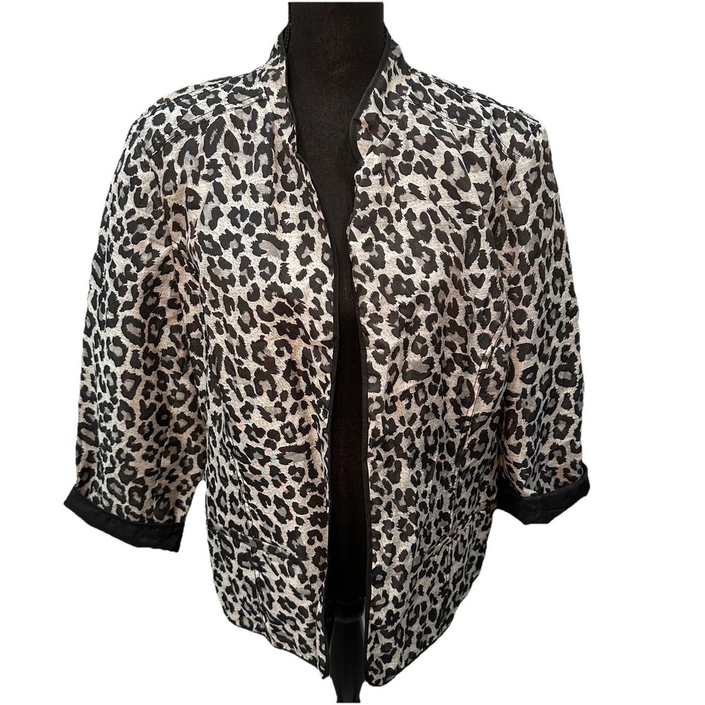 CHICOS Blazer Womens 3 Black Animal Print Open Lining Inner Pockets 3/4 Sleeves